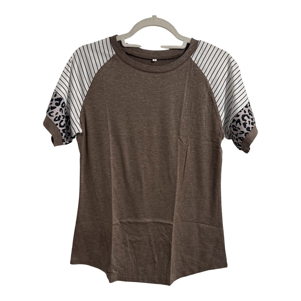 Womens Brown Raglan Short Sleeve Top‎ Striped Leopard Print Mixed Media Small